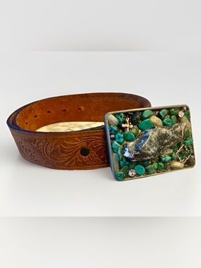 Vintage Tony Lama Tooled Leather Belt w/ Buckle Rage Buckle Turquoise USA Sz 32